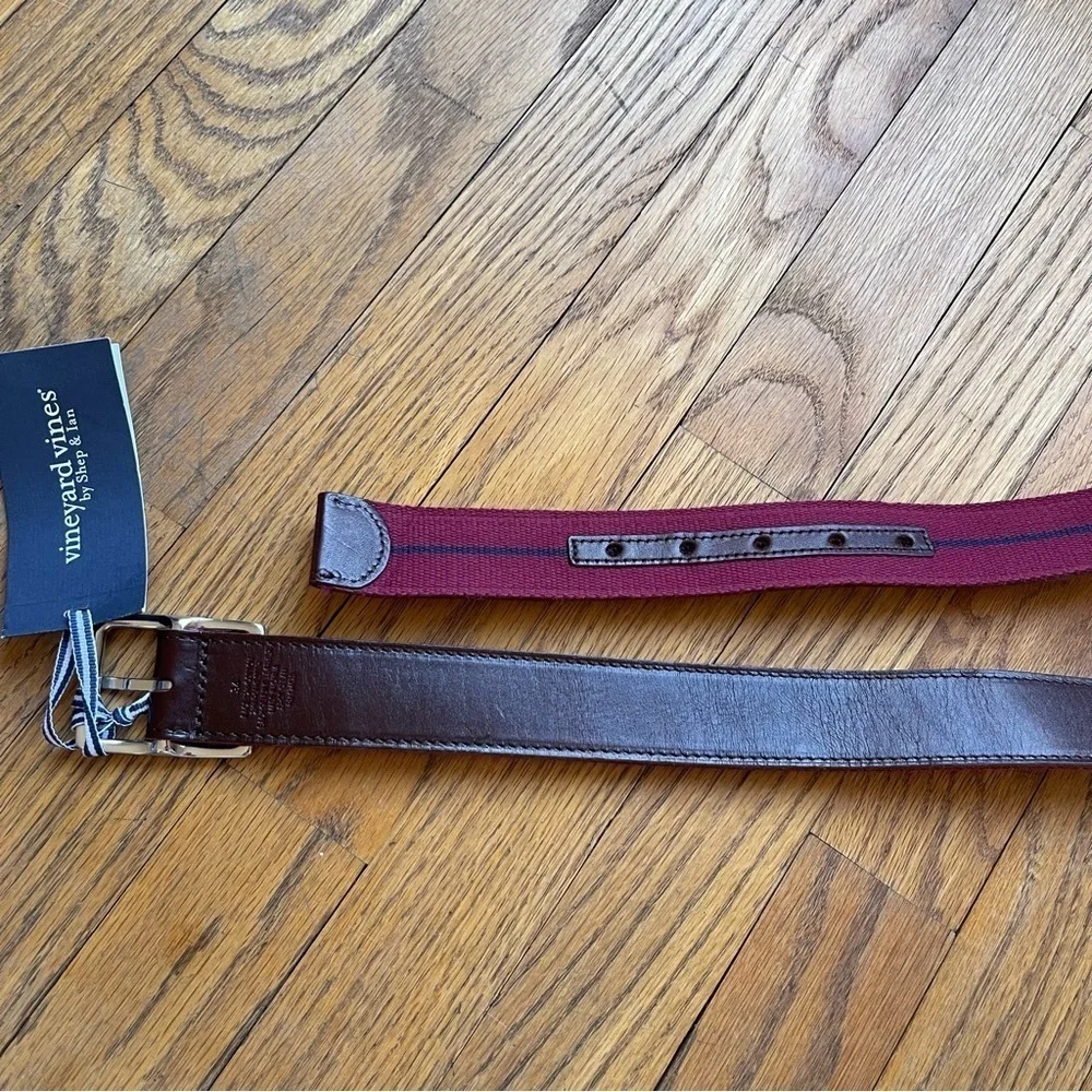 NEW Vineyard Vines Leather & Webbing Belt Maroon Brown Multiple Sizes NWT